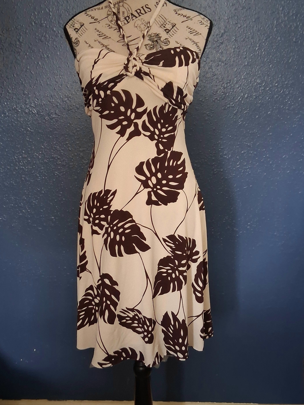B Darlin Cream Halter Dress with Brown Tropical Print 5/6